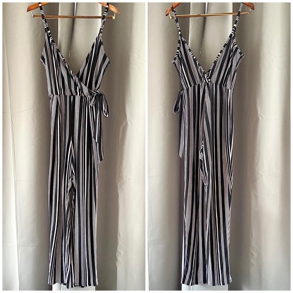 Derek Heart Pants - Striped B&W Casual Jumpsuit L